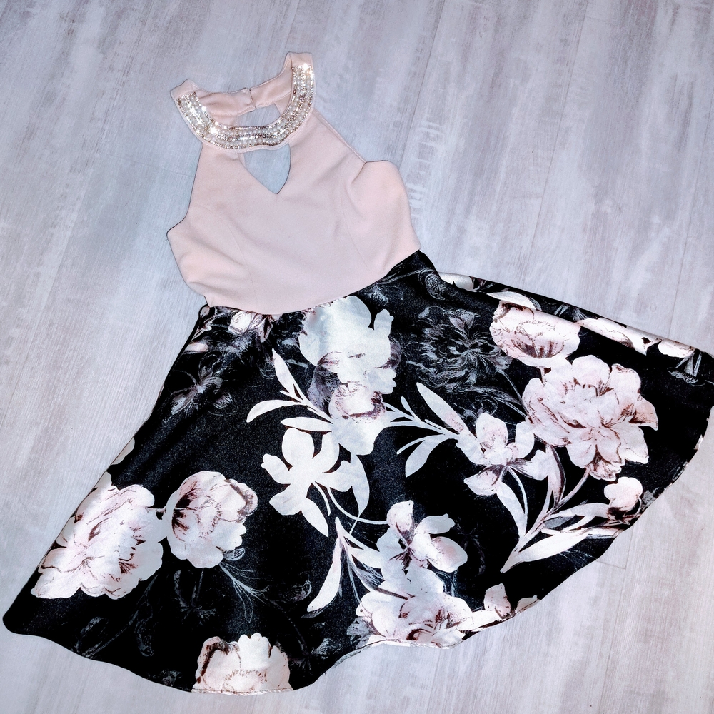 Floral Halter Dress with Beaded Neckline